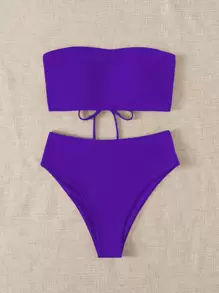 SHEIN Swim Summer Beach Lace Up Back Bandeau High Waisted Bikini Set - Violet Purple - View 7