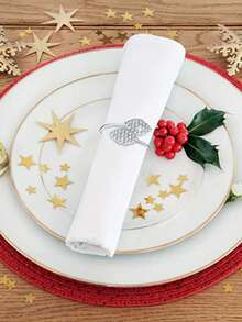 6 piezas/set anillo de servilleta de aleación de aluminio, anillo de soporte de servilleta de decoración de diamantes de imitación moderno para cocina - Plateado - Ver 3