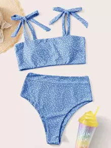 Polka Dot Tie Shoulder Summer Beach Bikini - Blue and White - View 1
