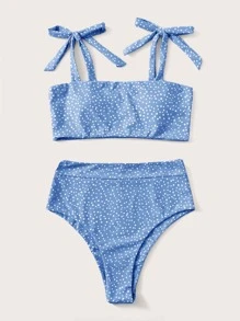Polka Dot Tie Shoulder Summer Beach Bikini - Blue and White - View 3