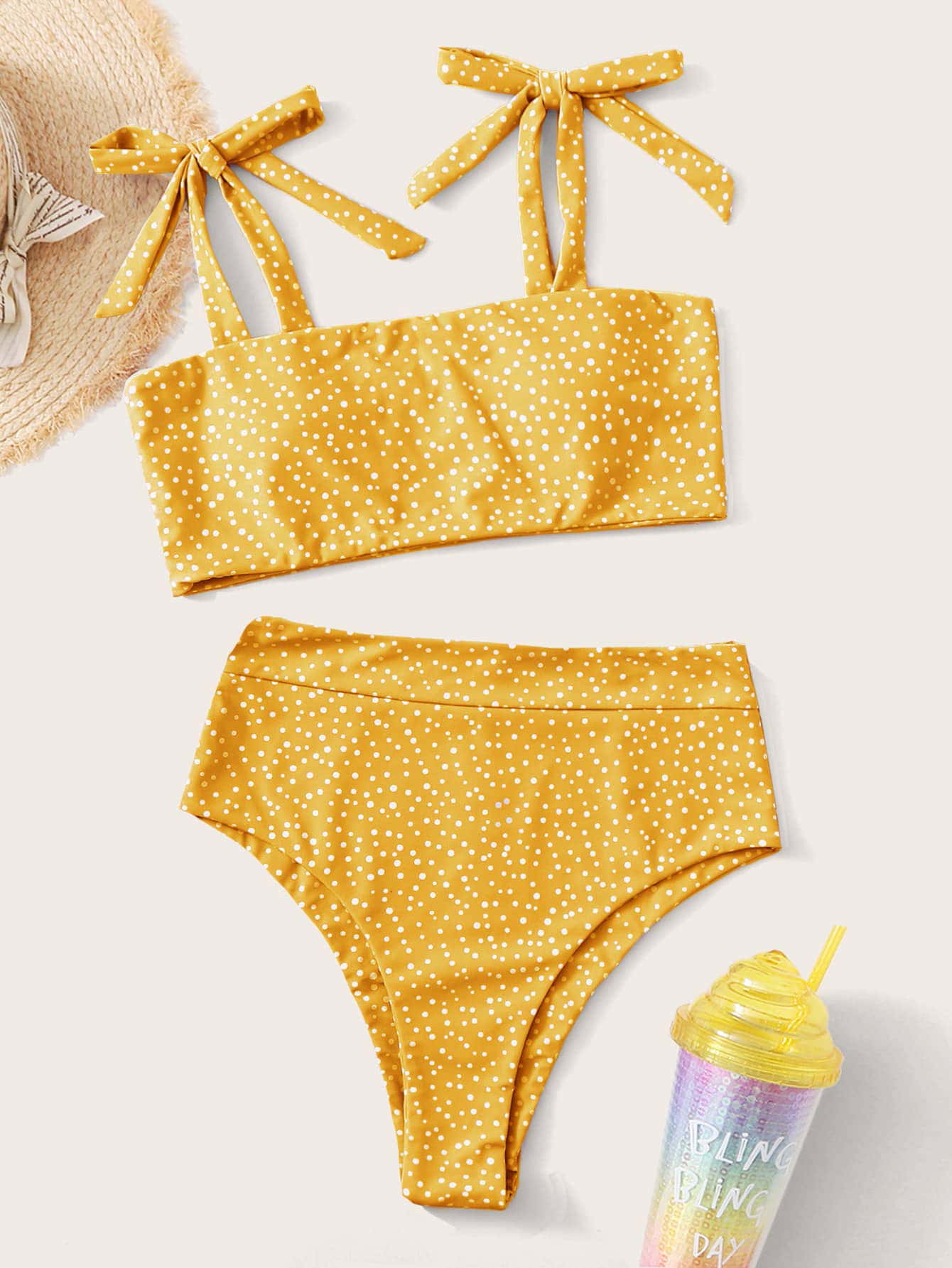 圓點紋帶肩夏日沙灘比基尼