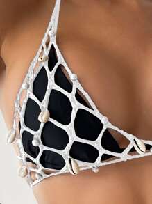 Shell Decor Crochet Halter Triangle Cover Up Top - White - View 3