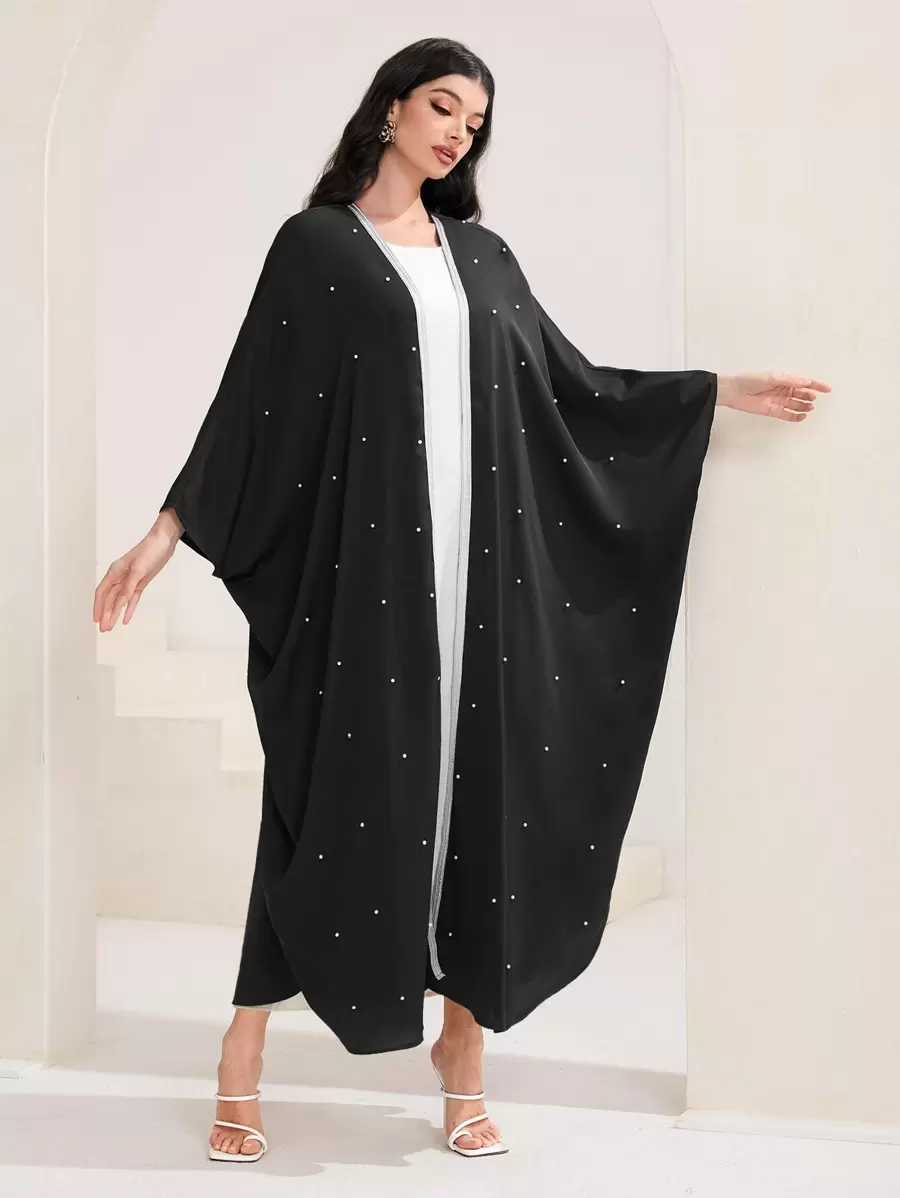 Al Najma 珍珠串珠蝙蝠袖開門襟阿拉伯罩袍 - 黑色 - 查看 1