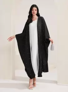 Al Najma 珍珠串珠蝙蝠袖開門襟阿拉伯罩袍 - 黑色 - 查看 3