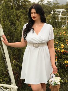 SHEIN Frenchy Plus Contrast Lace Sleeve Overlap Collar Dress Without Belt - White - View 1