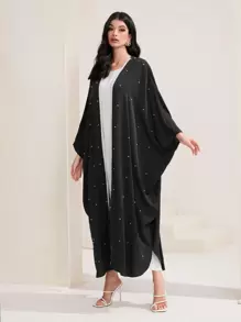 Al Najma 珍珠串珠蝙蝠袖開門襟阿拉伯罩袍 - 黑色 - 查看 4