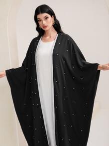 Al Najma 珍珠串珠蝙蝠袖開門襟阿拉伯罩袍 - 黑色 - 查看 5