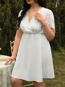 SHEIN Frenchy Plus Contrast Lace Sleeve Overlap Collar Dress Without Belt - White - View 3