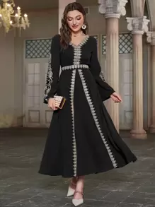 Al Najma Paisley Appliques Contrast Trim Flounce Sleeve Dress - Black - View 1