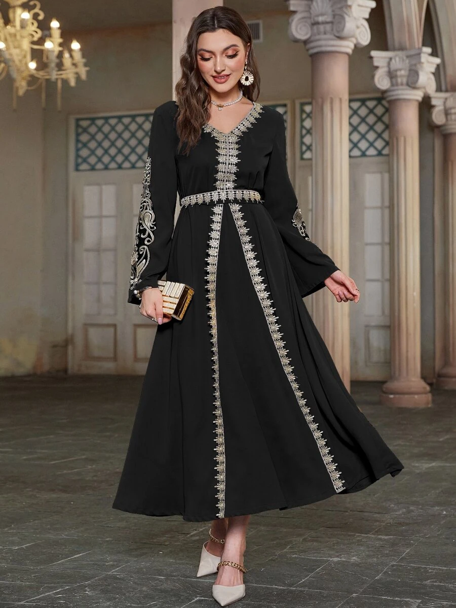 Al Najma Paisley Appliques Contrast Trim Flounce Sleeve Dress - Black - View 1