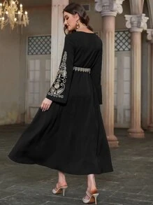 Al Najma Paisley Appliques Contrast Trim Flounce Sleeve Dress - Black - View 2