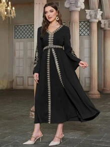 Al Najma Paisley Appliques Contrast Trim Flounce Sleeve Dress - Black - View 3