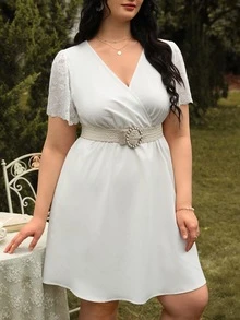 SHEIN Frenchy Plus Contrast Lace Sleeve Overlap Collar Dress Without Belt - White - View 4