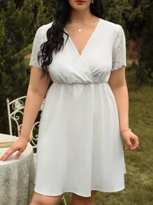 SHEIN Frenchy Plus Contrast Lace Sleeve Overlap Collar Dress Without Belt - White - View 5