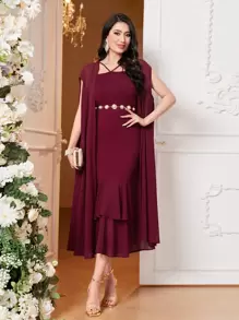 Modelyn 素色披肩和荷葉邊連衣裙不附腰帶 - 酒紅色 - 查看 4