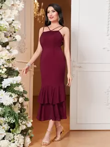 Modelyn 素色披肩和荷葉邊連衣裙不附腰帶 - 酒紅色 - 查看 7