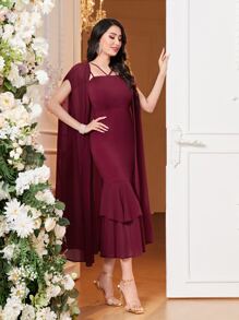 Modelyn 素色披肩和荷葉邊連衣裙不附腰帶 - 酒紅色 - 查看 8