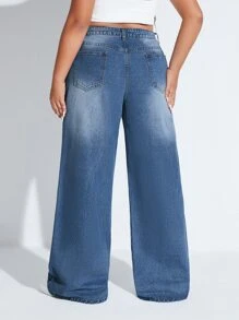 SHEIN EZwear Quần Denim kích thước lớn Nút Túi Dây kéo màu trơn - Rửa trung bình - Xem 2