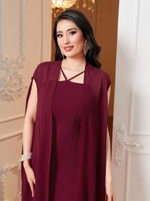 Modelyn 素色披肩和荷葉邊連衣裙不附腰帶 - 酒紅色 - 查看 9