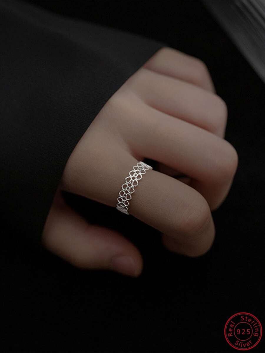 1入組時尚鏤空銀開口戒指適用於女士日常裝飾 - 銀色 - 查看 1