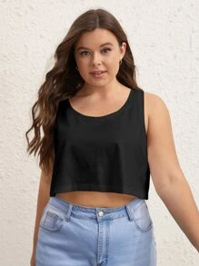 SHEIN BASICS Plus  Solid Crop Tank Top - Black - View 3