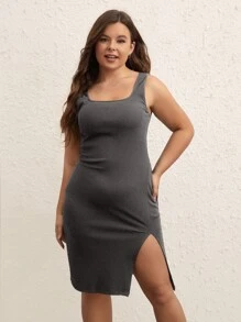 SHEIN BASICS Plus Split Thigh Tank Dress - Dark Grey - View 1