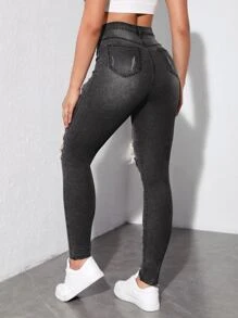 SHEIN EZwear 高腰破洞緊身牛仔褲 - 深灰色 - 查看 3