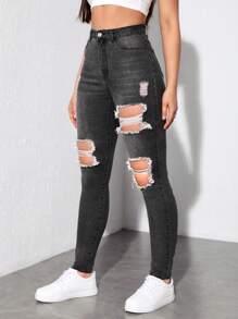 SHEIN EZwear 高腰破洞緊身牛仔褲 - 深灰色 - 查看 5