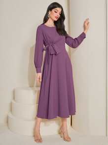 Modelyn Solid Tie Front A-line Dress - Purple - View 3