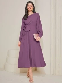 Modelyn Solid Tie Front A-line Dress - Purple - View 4