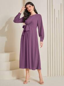 Modelyn Solid Tie Front A-line Dress - Purple - View 5