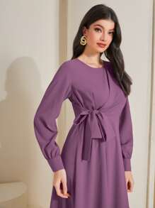 Modelyn Solid Tie Front A-line Dress - Purple - View 6