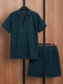 SHEIN Men Plaid Print Shirt & Shorts PJ Set - Multicolor - View 1