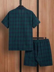 SHEIN Men Plaid Print Shirt & Shorts PJ Set - Multicolor - View 2