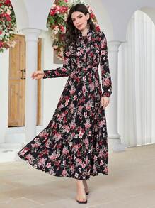 Modelyn Đầm Xếp li Xù Thắt nơ trước Hoa Tất cả trên in Boho - màu đen - Xem 1