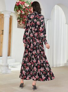 Modelyn Đầm Xếp li Xù Thắt nơ trước Hoa Tất cả trên in Boho - màu đen - Xem 2