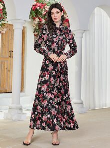 Modelyn Đầm Xếp li Xù Thắt nơ trước Hoa Tất cả trên in Boho - màu đen - Xem 3