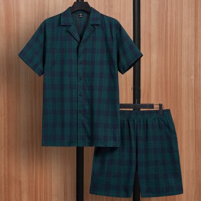 Men Plaid Print Shirt & Shorts PJ Set