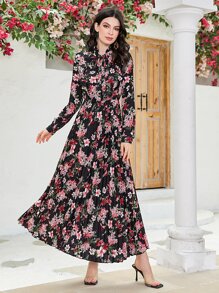 Modelyn Đầm Xếp li Xù Thắt nơ trước Hoa Tất cả trên in Boho - màu đen - Xem 6