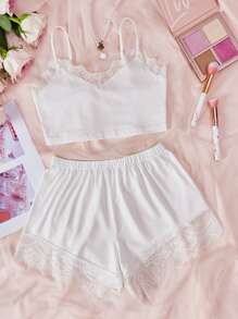 蕾絲拼接睡衣套裝 - 白色 - 查看 1