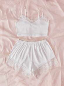 蕾絲拼接睡衣套裝 - 白色 - 查看 4