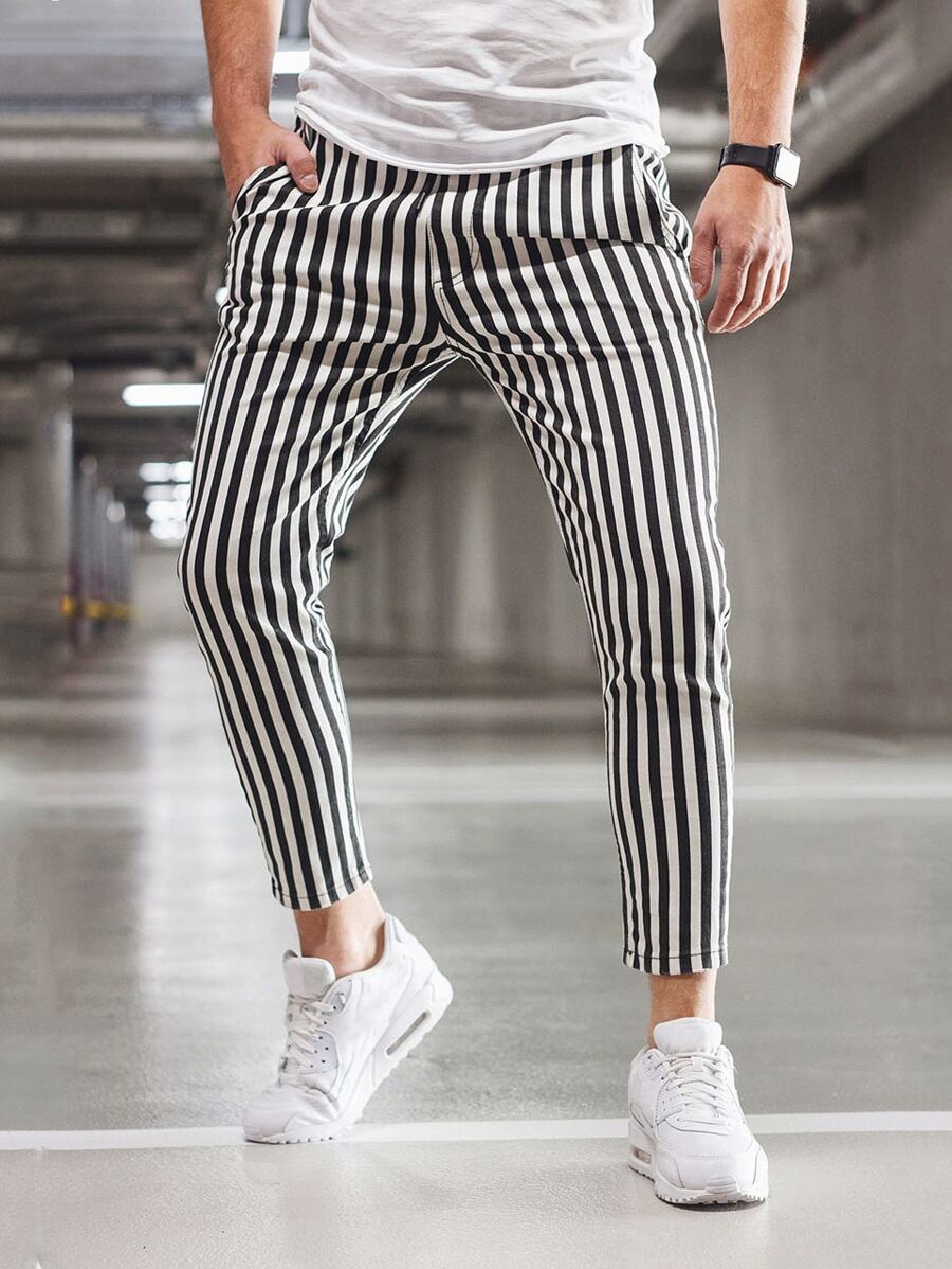 Manfinity Homme Nam In sọc Túi nghiêng Lỏng lẻo Quần - Đen và trắng - Xem 1