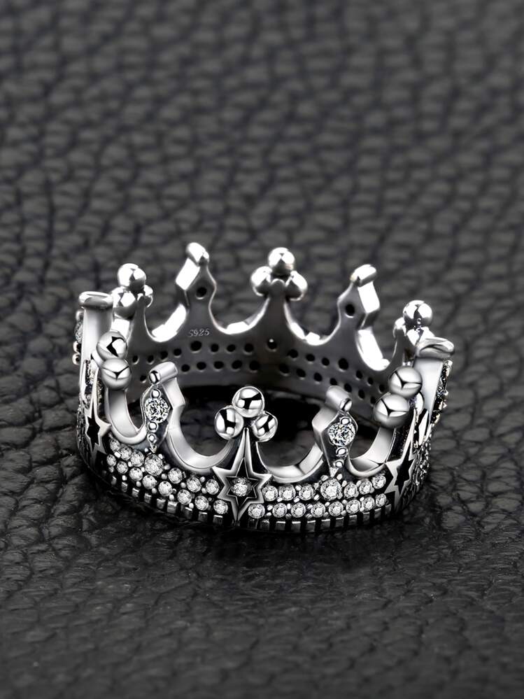 JewelryPalace 1 anillo de bodas de plata con diseño de corona de decoración de Zirconia cúbica glamorosa para mujer para regalo de citas - Blanco y Negro - Ver 3