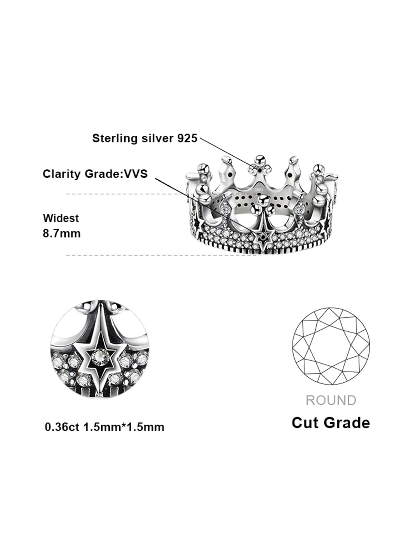 JewelryPalace 1 anillo de bodas de plata con diseño de corona de decoración de Zirconia cúbica glamorosa para mujer para regalo de citas - Blanco y Negro - Ver 6