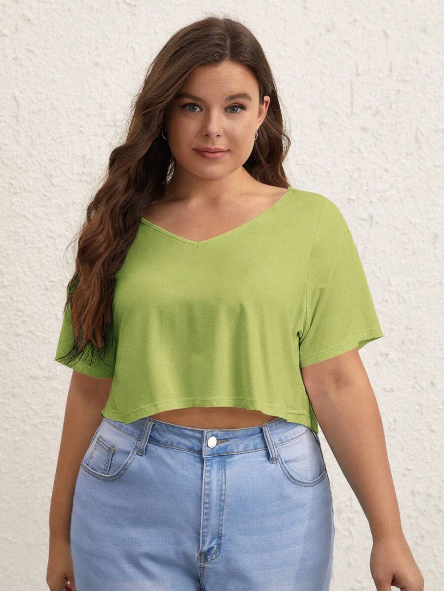 SHEIN BASICS Plus Solid V Neck Crop Tee - Lime Green - View 1