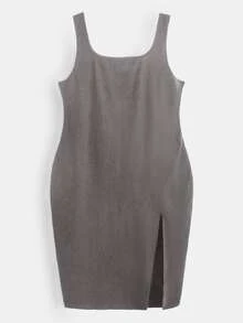 SHEIN BASICS Plus Split Thigh Tank Dress - Dark Grey - View 3