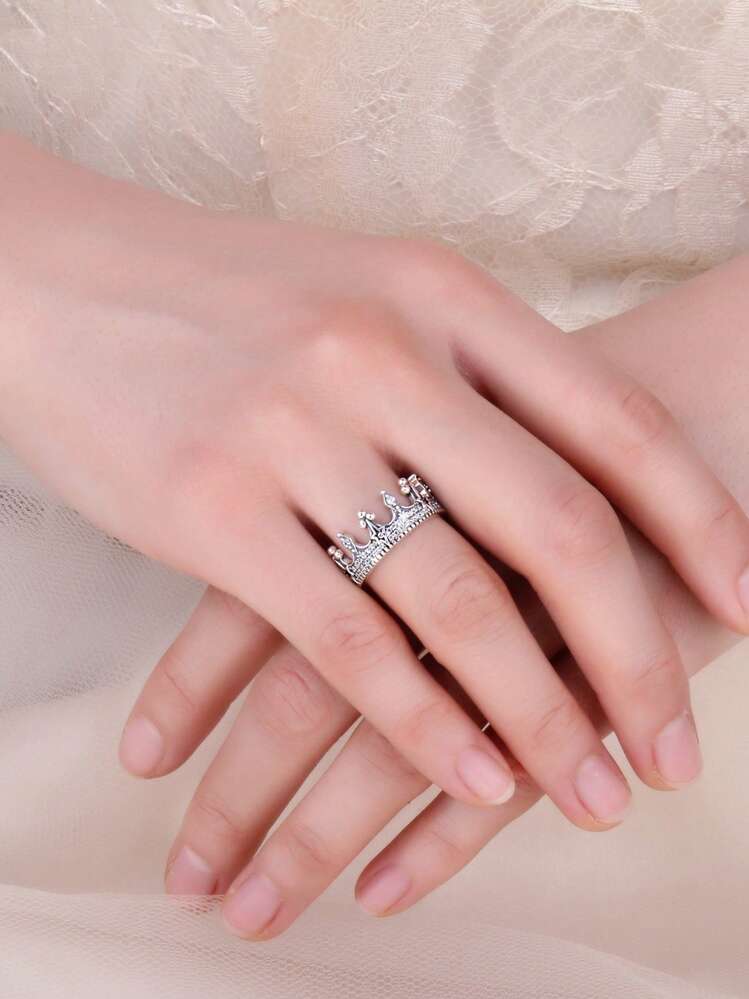 JewelryPalace 1 anillo de bodas de plata con diseño de corona de decoración de Zirconia cúbica glamorosa para mujer para regalo de citas - Blanco y Negro - Ver 2