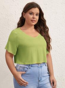 SHEIN BASICS Plus Solid V Neck Crop Tee - Lime Green - View 3