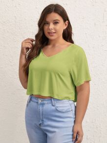 SHEIN BASICS Plus Solid V Neck Crop Tee - Lime Green - View 4