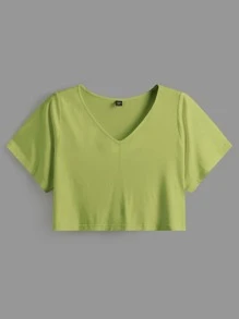SHEIN BASICS Plus Solid V Neck Crop Tee - Lime Green - View 6